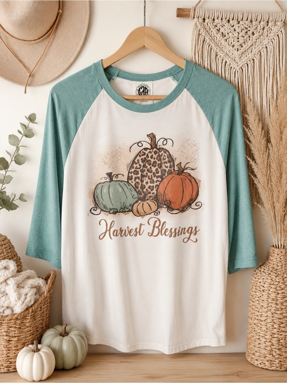 Harvest Blessings Raglan Tee with Teal Sleeves